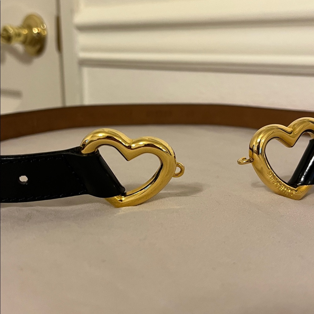 Vintage Moschino Gold Heart Buckle Black Belt - Picture 3 of 8